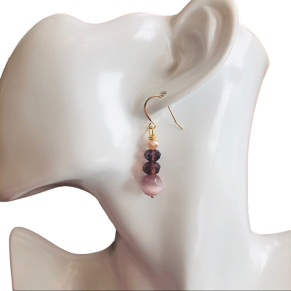 BOHO Indie 14k/Sterling Silver Earrings Pink Jade, Cats Eye Pink Deep Purple - Picture 7 of 9